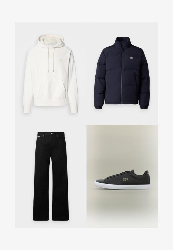 Abrigo puffer azul marino con cuello alto, cierre de cremallera y puños elásticos. Presenta un pequeño logo verde en la parte superior izquierda del pecho.; Sudadera de color crema claro con un bolsillo frontal, capucha con cordón y logo bordado en amarillo. Confeccionada con una suave tela texturizada.; Pantalones de mezclilla negros con un diseño de pierna ancha, que cuentan con cinco bolsillos y herrajes de botón metálico. Textura suave, sin patrones visibles.; Zapatillas de cuero negro con suela de goma blanca, con un logo de cocodrilo verde y cordones redondos, diseño elegante con textura suave.