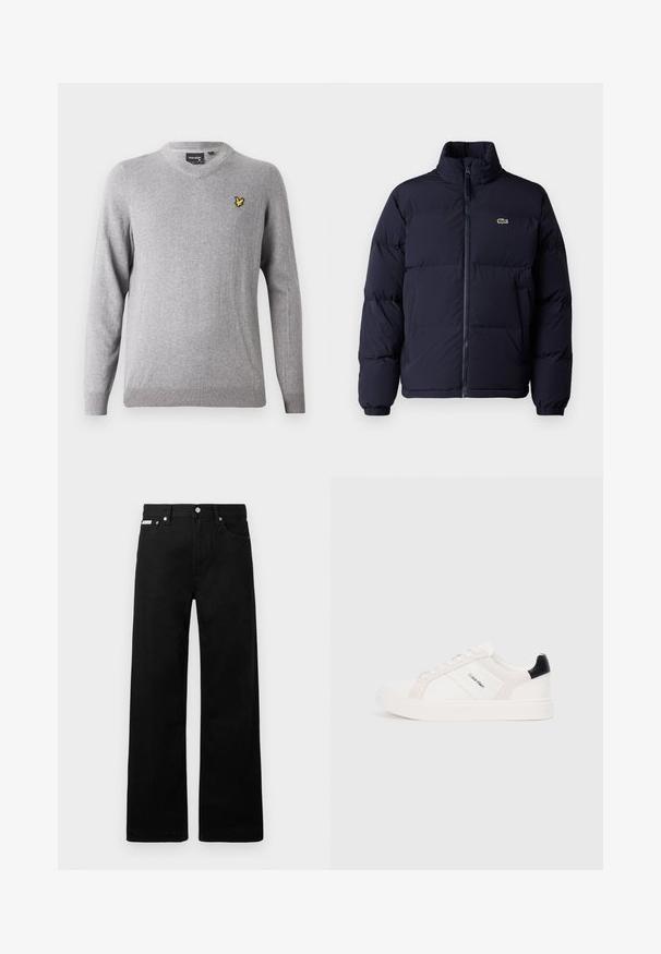 Sötétkék steppelt kabát magas gallérral, cipzáros záródással és elasztikus mandzsettákkal. A bal felső mellrészen egy kis zöld logó található.; Szürke gyapjú V-nyakú pulóver texturált felülettel és bordázott mandzsettákkal, kisméretű sárga hímzett logóval a mellkason.; Fekete farmernadrág széles szabással, öt zsebbel és fém gombos díszítéssel. Sima felület, látható minták nélkül.; Fehér sportcipők világos rózsaszín és fekete részletekkel, sima bőrből és velúrból készült panelek, kerek orr és lapos gumitalp.