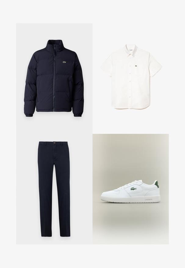 Navy blue puffer jacket with a high collar, zip closure, and elastic cuffs. Features a small green logo on the upper left chest.; Short-sleeve white cotton shirt with a button-down collar, featuring a chest pocket and a small green crocodile logo on the left side.; Navy blue cotton trousers with a straight-leg design, front zip, and single button closure. Smooth texture with no visible patterns.; White leather sneaker with a smooth finish, green accents on the heel, and a green logo on the side. Features a flat sole and round toe.