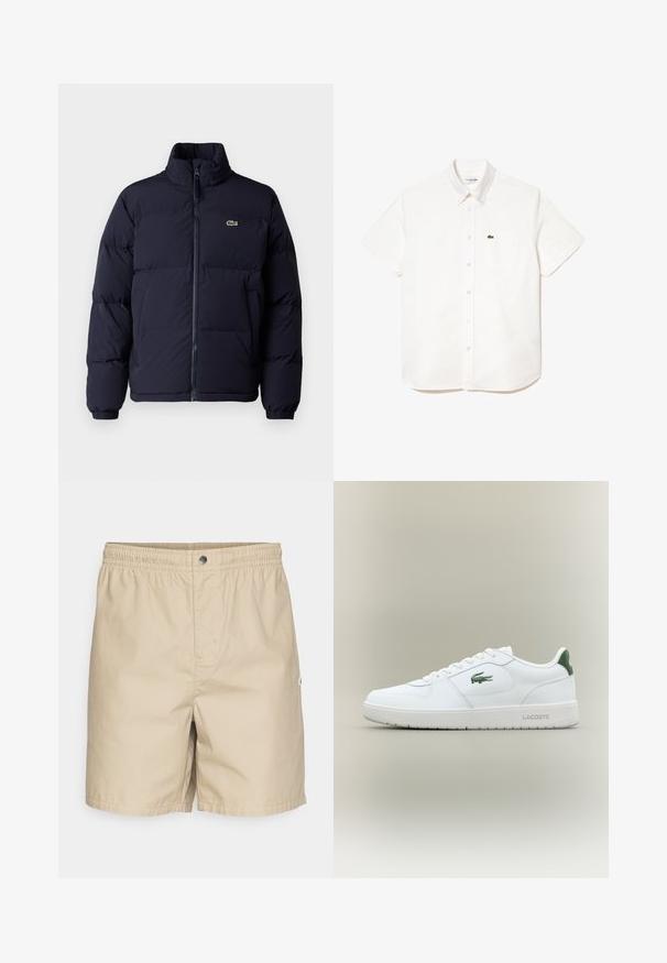 Tums zila pūkaini jaka ar augstu apkakli, ar rāvējslēdzēju un elastīgām piedurknēm. Pieder neliela zaļa logo augšējā kreisajā krūtīs.; Īsām piedurknēm balta kokvilnas krekls ar pogājamām apkaklītēm, kuram ir krūšu kabata un neliels zaļš krokodila logo kreisajā pusē.; Bēša peldbikses ar elastīgu jostasvietu, priekšpuses spiedpogu aizdari un sānu logo birku. Izgatavotas no viegla, gluda auduma ar brīvu piegriezumu.; Baltas ādas sneakers ar gludu apdari, zaļiem akcentiem uz papēža un zaļu logotipu sānos. Iezīmē platu zoli un apaļu pirkstu.