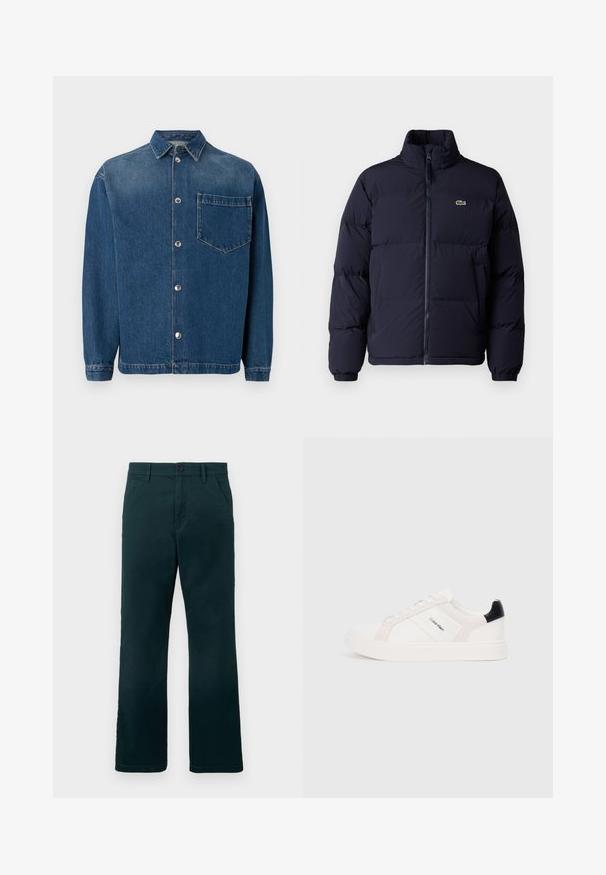 Tamnoplavi zimski kaput sa visokim ovratnikom, zatvaranjem na zip i elastičnim manžetama. Ima mali zeleni logo na gornjem lijevom dijelu prsiju.; Tamno plavi traper košulja s gumbima sprijeda, ovratnikom i jednim džepom na prsima. Glatka tekstura i klasičan kroj. Srebrni gumbi kao dodatak.; Tamnozelene ravne hlače s petljama za pojas, bočnim džepovima i kopčanjem na dugme na ravnoj bijeloj pozadini.; Bijele tenisice s svijetlo ružičastim i crnim naglascima, s glatkim kožnim i zamšenim panelima, okruglim vrhom i ravnim gumiranim potplatom.