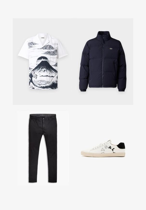 Casaco puffer azul-marinho com um colarinho alto, fecho de zíper e punhos elásticos. Apresenta um pequeno logótipo verde no lado superior esquerdo do peito.; Camisa branca de manga curta com uma ilustração do Monte Fuji em preto, acompanhada de nuvens e ondas. Feita de um tecido leve e com um corte descontraído.; Chinos pretos de algodão com um corte afunilado, apresentando cinco bolsos, passantes para cinto e uma textura suave. Fecho com zíper e botão.; Sapatilha de couro branco com detalhes pretos no calcanhar, apresentando letras pretas ousadas de lado e uma sola de borracha. Design minimalista.