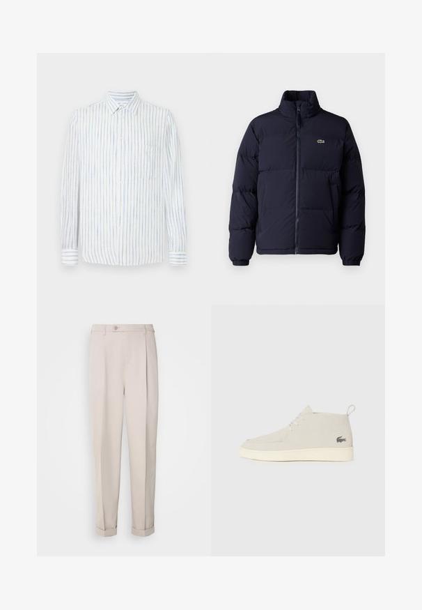 Navyblauwe pufferjack met een hoge kraag, ritssluiting en elastische manchetten. Heeft een klein groen logo op de linker bovenborst.; Witte shirt met blauwe verticale strepen, met knoopsluiting, lange mouwen, enkele borstzak en een lichte, gestructureerde stof.; Beige broek van gladde stof, met een rechte pasvorm, enkele plooien en opgerolde boorden. Voorzien van een sluiting met een voorknoop.; Lichtgrijze suède enkelbotten met een ronde neus, witte rubberen zool en subtiele logo-details aan de zijkant. Voorzien van een vetersluiting.