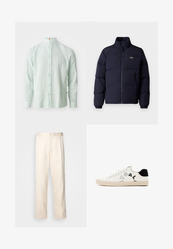 Námořnická modrá péřová bunda s vysokým límcem, zipovým zapínáním a elastickými manžetami. Na levém horním prsu je umístěno malé zelené logo.; Světle zelená lněná košile s dlouhým rukávem a stojáčkovým límcem, zapínání na tlačítka vpředu a jemná textura. Obsahuje oranžový akcent na límci.; Bežové bavlněné kalhoty se střihy rovného nohavice, s knoflíkovým zapínáním a záhyby vpředu pro zvýraznění detailu.; Bílé kožené tenisky s černými akcenty na patě, s výrazným černým písmem na boku a gumovou podrážkou. Minimalistický design.