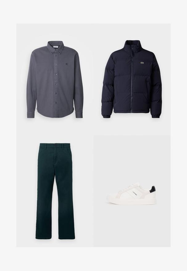 Námořnická modrá péřová bunda s vysokým límcem, zipovým zapínáním a elastickými manžetami. Na levém horním prsu je umístěno malé zelené logo.; Calvin Klein Jeans GARMENT DYE SHIRT - Košile - ebony; Tmavě zelené kalhoty rovného střihu s poutek na pásek, bočními kapsami a knoflíkovým uzávěrem na čistě bílém pozadí.; Bílé tenisky s jemně růžovými a černými akcenty, s hladkou koženou a semišovou částí, kulatou špičkou a plochou gumovou podrážkou.