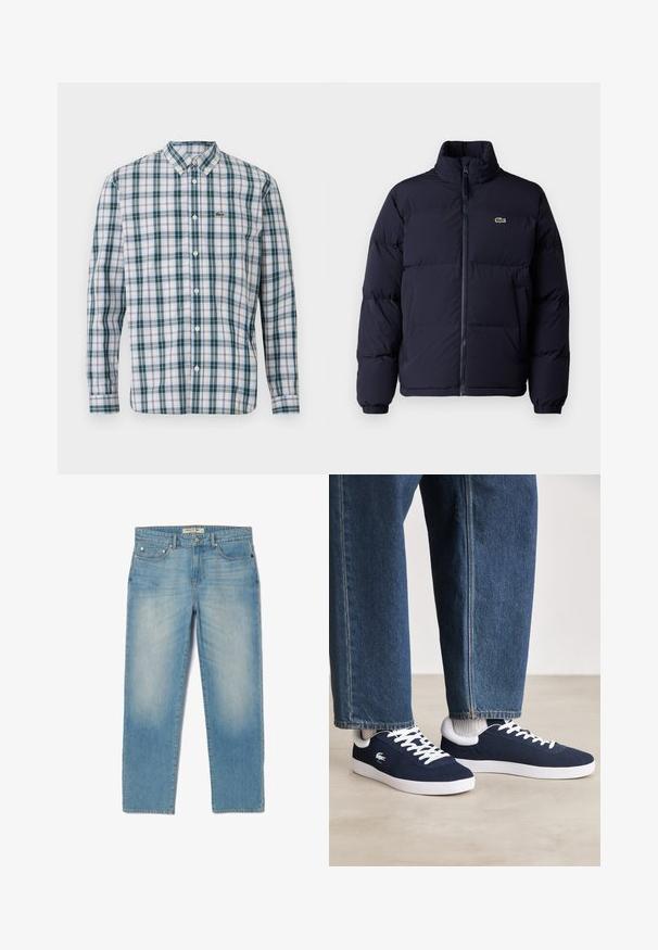 Námornícka modrá puffová bunda s vysokým golierom, zipsom a elastickými manžetami. Obsahuje malé zelené logo na hornej ľavej časti hrudi.; Košeľa s dlhým rukávom v bielej, zelenej a svetlomodrej škótskej kárované vzore. Má golier s gombíkmi a malé vyšívané logo na hrudníku.; Svetlo modré denimové džínsy so strihom rovného nohu, piatimi vreckami a mierne vyblednutým vyhotovením. Obsahujú strieborné kovania a označenie pásu so značkou.; Modré plátené tenisky s bielymi šnúrkami a gumovými podrážkami, vystavené spolu s džínsovými nohavicami a šedými rebrovanými ponožkami na svetlosivom povrchu.