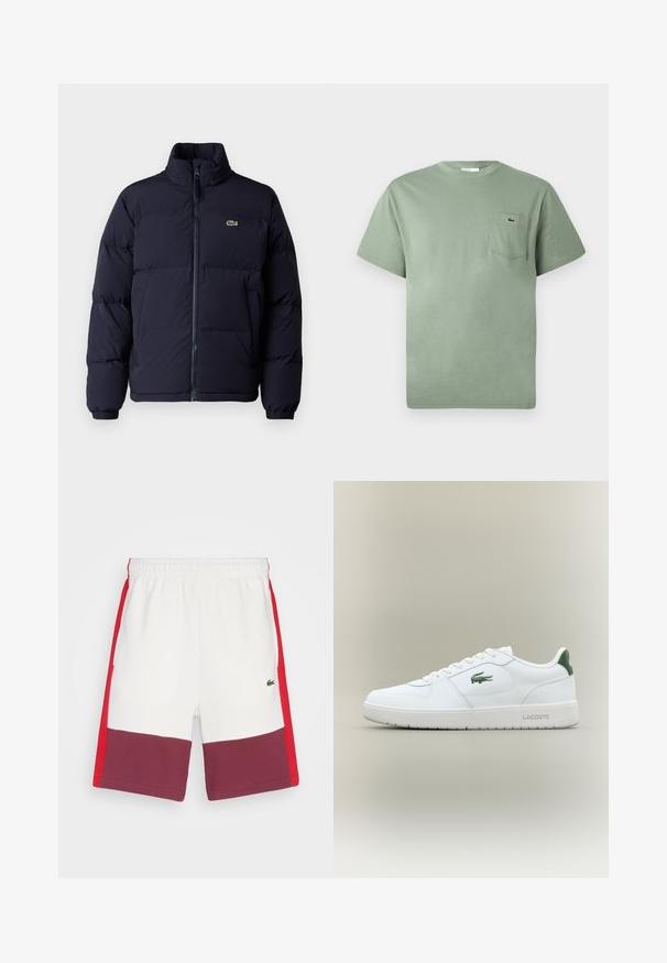 Námořnická modrá péřová bunda s vysokým límcem, zipovým zapínáním a elastickými manžetami. Na levém horním prsu je umístěno malé zelené logo.; Světle zelené krátké rukávy bavlněné tričko s náprsní kapsou, na které je vyšitý malý logo krokodýla.; Lacoste ELEVATED COLORBLOCK - Teplákové kalhoty - flour/red-spleen; Bílé kožené tenisky s hladkým povrchem, zelenými akcenty na patě a zeleným logem na boku. Mají plochou podrážku a kulatou špičku.