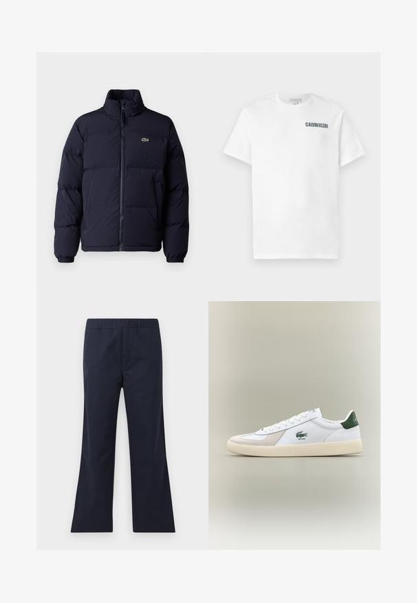 Casaco puffer azul-marinho com um colarinho alto, fecho de zíper e punhos elásticos. Apresenta um pequeno logótipo verde no lado superior esquerdo do peito.; T-shirt de algodão branco com decote redondo e mangas curtas. Apresenta o logótipo "CALVIN KLEIN" em cinza escuro na área do lado esquerdo do peito. Textura suave.; Calças flare azul marinho, feitas de um tecido suave. Apresentam uma cintura elástica e bolsos laterais. Linhas limpas e design minimalista.; Sapatilha branca com pormenores verdes, materiais em camurça e pele, bico arredondado, sola texturizada e logótipo bordado na lateral e na língua.