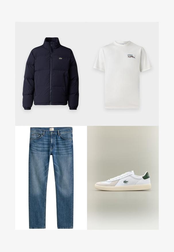 Meren värinen pumpattu takki korkealla kauluksella, vetoketjulla ja elastisilla hihansuilla. Takissa on pieni vihreä logo vasemmassa rintataskussa.; Valkoinen puuvillainen T-paita, jossa on pyöreä pääntie, lyhyet hihat ja pieni brodeerattu logo, jossa on vuoria ja teksti vasemmalla rintapielessä.; Sinisten denim-farkkujen suora malli, jossa on viisi-taskua, nappikiinnitys ja lievää haalistumista kankaan pinnalla tekstuurin luomiseksi.; Valkoiset tennarit vihreillä yksityiskohdilla, mokka- ja nahkamateriaaleja, pyöreä kärki, teksturoitu ulkopohja sekä brodeerattu logo sivulla ja kielekkeessä.