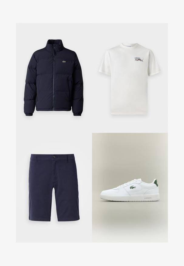 Tums zila pūkaini jaka ar augstu apkakli, ar rāvējslēdzēju un elastīgām piedurknēm. Pieder neliela zaļa logo augšējā kreisajā krūtīs.; Balts kokvilnas T-krekls ar apaļu kakla izgriezumu, īsām piedurknēm un mazu izšūtu logo ar kalniem un tekstu kreisajā krūtīs.; Jūras zila šorti ar plakanu priekšpusi, ar pogu aizdari un sānu kabatām. Izgatavoti no viegla auduma ar gludu tekstūru.; Baltas ādas sneakers ar gludu apdari, zaļiem akcentiem uz papēža un zaļu logotipu sānos. Iezīmē platu zoli un apaļu pirkstu.