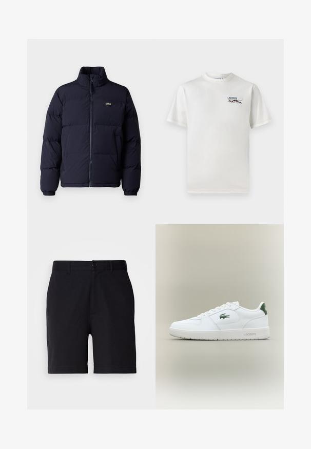 Mørkeblå puffjakke med høj krave, lynlås lukning og elastiske manchetter. Har et lille grønt logo på øverste venstre bryst.; Hvid bomulds-T-shirt med rund halsudskæring, korte ærmer og et lille broderet logo med bjerge og tekst på venstre bryst.; Sorte shorts lavet af en bomuldsblanding, med en klassisk pasform, frontlommer og en knaplukning i taljen.; Hvide lædersneakers med en glat overflade, grønne accenter på hælen og et grønt logo på siden. Har en flad sål og rund tå.