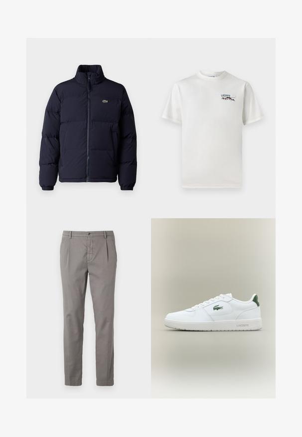 Tamnoplavi zimski kaput sa visokim ovratnikom, zatvaranjem na zip i elastičnim manžetama. Ima mali zeleni logo na gornjem lijevom dijelu prsiju.; Bijela pamučna majica s okruglim izrezom, kratkim rukavima i malim izvezenim logotipom koji prikazuje planine i tekst na lijevoj strani grudi.; Sive dvije hlače od pamuka s ravnim krojem, s kopčanjem na dugme, plićcima i bočnim džepovima. Glatka tekstura s minimalnim detaljima.; Bijele kožne tenisice s glatkom površinom, zelenim naglascima na peti i zelenim logotipom sa strane. Imaju ravni potplat i okrugli vrh.