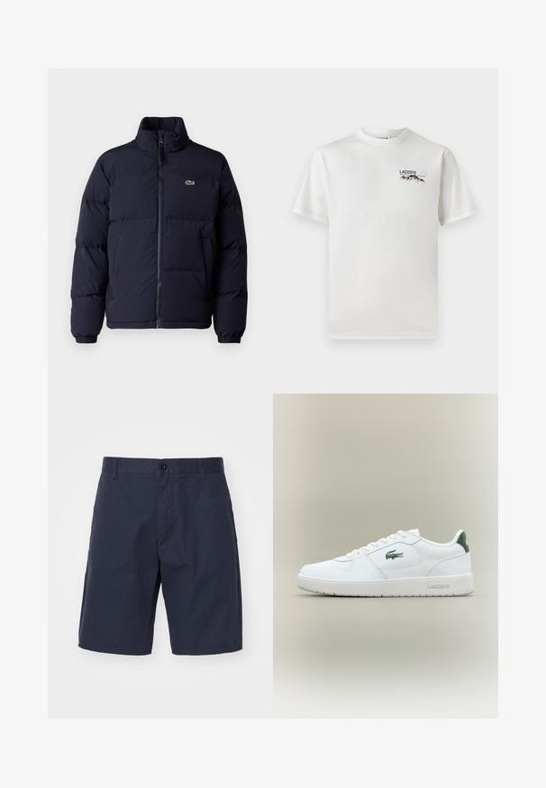 Casaco puffer azul-marinho com um colarinho alto, fecho de zíper e punhos elásticos. Apresenta um pequeno logótipo verde no lado superior esquerdo do peito.; T-shirt de algodão branco com decote redondo, mangas curtas e um pequeno logótipo bordado apresentando montanhas e texto no lado esquerdo do peito.; Calções azul marinho feitos de um tecido leve, com fecho de botão, bolsos laterais, corte reto e detalhes de costura visíveis.; Sapatilha de couro branca com um acabamento suave, detalhes verdes no calcanhar e um logótipo verde na lateral. Apresenta sola plana e bico redondo.