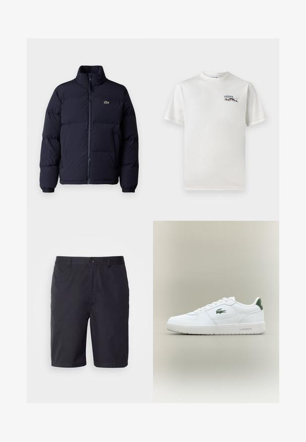 Navyblauwe pufferjack met een hoge kraag, ritssluiting en elastische manchetten. Heeft een klein groen logo op de linker bovenborst.; Witte katoenen T-shirt met een ronde hals, korte mouwen en een klein geborduurd logo met bergen en tekst op de linkerborst.; Navyblauwe shorts van lichtgewicht katoen, met een knoopsluiting, riemlussen en een rechte snit boven de knie.; Witte leren sneaker met een gladde afwerking, groene accenten op de hak en een groen logo aan de zijkant. Beschikt over een platte zool en een ronde neus.