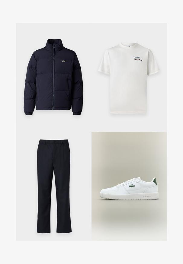 Námornícka modrá puffová bunda s vysokým golierom, zipsom a elastickými manžetami. Obsahuje malé zelené logo na hornej ľavej časti hrudi.; Biela bavlnená tričko s okrúhlym výstrihom, krátkymi rukávmi a malou vyšívanou nášivkou s motívom hôr a textom na ľavej hrudi.; Tmavomodré nohavice s plochým predným dielom, elastickým pásom a jedným gombíkom na zapínanie. Vyrobené z hladkého materiálu s rovnými nohavicami.; Biele kožené tenisky s hladkým povrchom, zelenými akcentami na päte a zeleným logom na boku. Majú plochú podrážku a okrúly špičku.