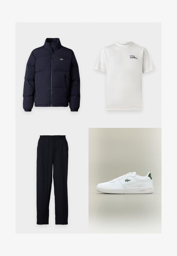 Casaco puffer azul-marinho com um colarinho alto, fecho de zíper e punhos elásticos. Apresenta um pequeno logótipo verde no lado superior esquerdo do peito.; T-shirt de algodão branco com decote redondo, mangas curtas e um pequeno logótipo bordado apresentando montanhas e texto no lado esquerdo do peito.; Libertine-Libertine ALIVE - Calças - dark navy; Sapatilha de couro branca com um acabamento suave, detalhes verdes no calcanhar e um logótipo verde na lateral. Apresenta sola plana e bico redondo.