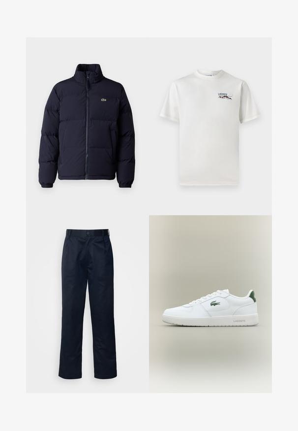 Tamsiai mėlynas pūkinis švarkas su aukštu kaklu, užtrauktuku ir elastingomis rankogaliais. Dominuoja mažas žalias logotipas kairiajame viršutiniame krūtinės kampelyje.; Baltas medvilninis marškinėliai su apykakle, trumpomis rankovėmis ir mažas siuvinėtas logotipas, vaizduojantis kalnus ir tekstą ant kairiojo krūtinės.; BOSS KAI - Chino stiliaus kelnės - dark blue; Balti odiniai sportbačiai su lygiu paviršiumi, žaliais akcentais ant kulno ir žalia logotipu šone. Siūlo plokščią pado struktūrą ir apvalią nosį.