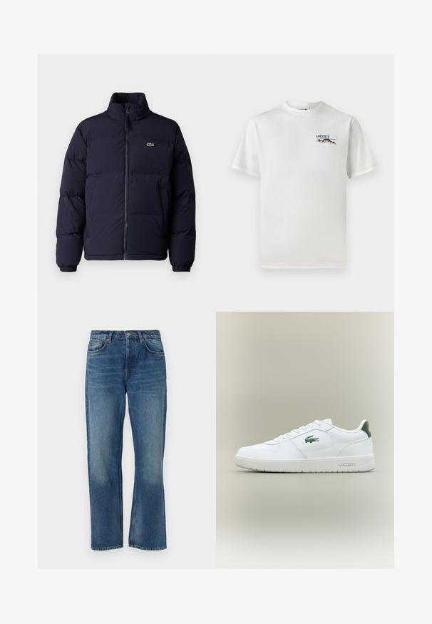 Sötétkék steppelt kabát magas gallérral, cipzáros záródással és elasztikus mandzsettákkal. A bal felső mellrészen egy kis zöld logó található.; Fehér pamut póló kerek nyakkivágással, rövid ujjal és egy kis gépi hímzésű logóval, amely hegyeket és szöveget ábrázol a bal mellen.; Kék farmernadrág egyenes szabással, klasszikus öt zsebes dizájnnal, elhalványodott textúrával és réz szegecsek kiegészítéssel.; Fehér bőr sneaker sima felülettel, zöld akcentussal a saroknál, és zöld logóval az oldalon. Lapos talpa és kerek orra van.