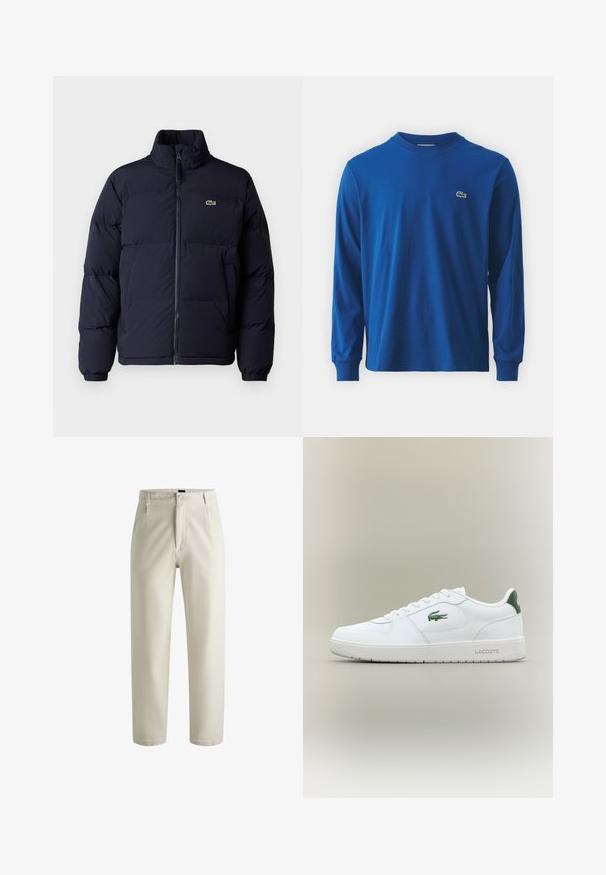 Tamnoplavi zimski kaput sa visokim ovratnikom, zatvaranjem na zip i elastičnim manžetama. Ima mali zeleni logo na gornjem lijevom dijelu prsiju.; Dugim rukavima, plavi pamukasti majica s okruglim izrezom, s malim zelenim izvezenim logotipom krokodila na liješoj prsnoj strani.; Hlače krem boje izrađene od pamuka, s ravnim krojem, prednjim patentnim zatvaračem i dva bočna džepa. Glatka tekstura s minimalnim detaljima.; Bijele kožne tenisice s glatkom površinom, zelenim naglascima na peti i zelenim logotipom sa strane. Imaju ravni potplat i okrugli vrh.