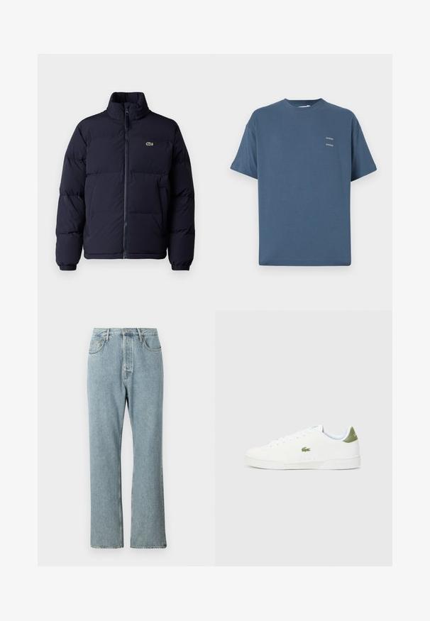 Tumedat sinine puffjaket kõrge krae, lukuga kinnine ja elastsete mansettidega. Üksikasjades on väike roheline logo vasakul rinnal.; Sinine puuvillane T-särk klassikalise ümmarguse kaelusega, lühikeste varrukatega, vabalt istuv ning kahel väikesel prinditud logol rinnal. Sile tekstuur.; Heledad sinine teksapüksid, millel on kõrge vöökoht, laiad sirged sääred ja lihtne õmblus. Omab viit taskut ja klassikalist nööbivääristust.; Valged tossud siledast materjalist, millel on roheline aktsent kannaosas ja väike tikandiga krokodillilogo külgedel.