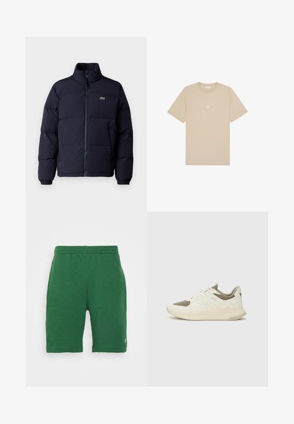 Navyblauwe pufferjack met een hoge kraag, ritssluiting en elastische manchetten. Heeft een klein groen logo op de linker bovenborst.; Beige katoenen t-shirt met korte mouwen en een ronde hals. Heeft een kleine, gecentreerde graphic "II" in een lichtere tint.; Groene jersey short met een elastische tailleband en zijzakken, voorzien van een klein logo op het linkerpijp. Soepele textuur, tot de knie.; Witte en lichtbeige sport sneaker, met een bovenwerk van mesh, geperforeerde details en een gestructureerde tussenzool met branding op de hiel.