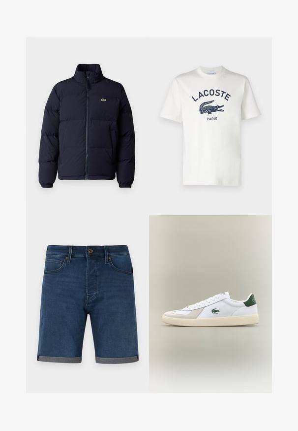 Navy blue puffer jacket with a high collar, zip closure, and elastic cuffs. Features a small green logo on the upper left chest.; White cotton t-shirt with short sleeves, featuring a navy Lacoste logo and crocodile graphic centered on the chest. Soft texture.; Denim shorts in dark blue with a rolled grey hem. Features classic five-pocket design and a button closure at the waist.; White sneaker with green accents, suede and leather materials, rounded toe, textured outsole, and embroidered logo on side and tongue.