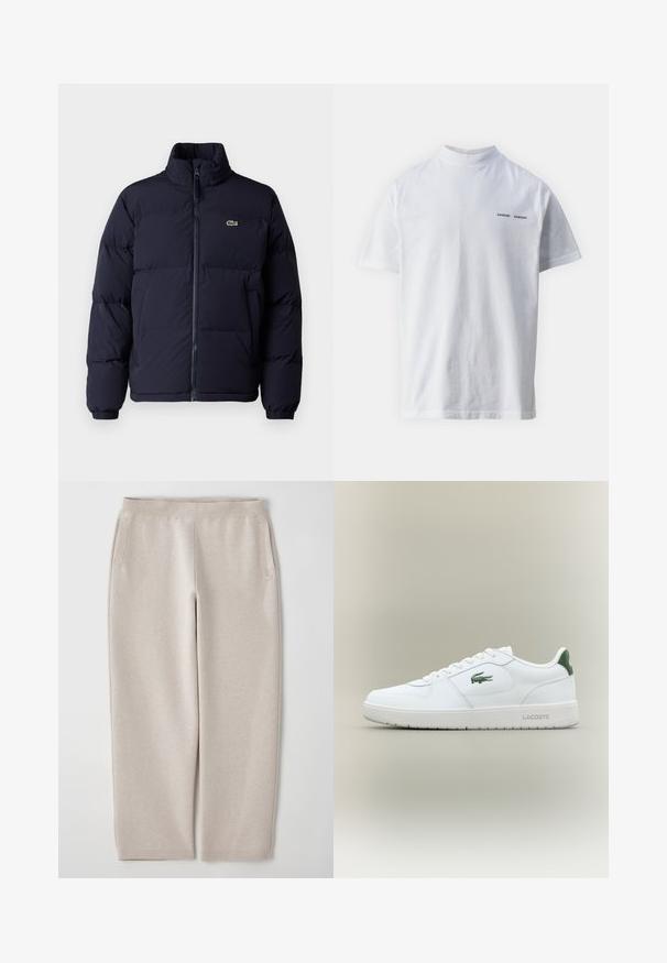 Temno modra puffer jakna z visokim ovratnikom, zadrgo in elastičnimi manšetami. Ima majhen zelen logotip na zgornjem levem prsnem delu.; Bela bombažna majica s visokim ovratnikom in kratkimi rokavi. Na sprednji strani je črn logotip "SAMSØE SAMSØE". Gladka tekstura.; Bež trenirke iz mehkega materiala, z širokim pasom, stranskimi žepi in ožjimi hlačnicami za sproščen fit.; Bela usnjena tenisačka obutev s gladko površino, z zelenimi poudarki na peti in zelenim logotipom ob strani. Ima ravno podplat in okroglo konico.