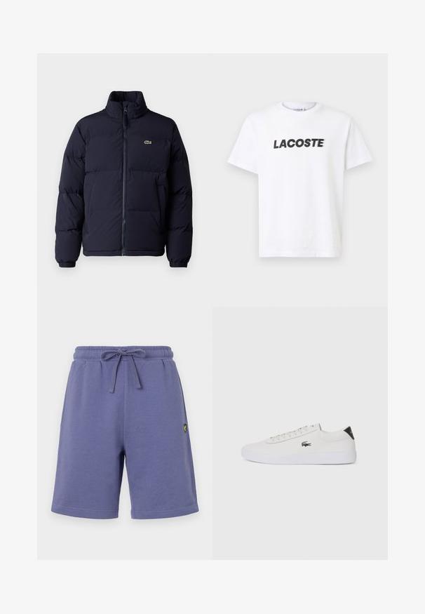 Jachetă puf navy blue cu guler înalt, închidere cu fermoar și manșete elastice. Prezintă un mic logo verde pe partea stângă a pieptului.; Tricou din bumbac alb cu un logo negru proeminent "LACOSTE" pe piept. Mâneci scurte și design cu gât rotund.; Shorts din bumbac violet, cu talie elastică și șnur. Au buzunare laterale și un mic logo galben pe piciorul stâng.; Tenis din piele albă cu vârf rotund, sistem de prindere cu șireturi în față și accent negru la călcâi. Are un mic logo brodat cu crocodil pe lateral.