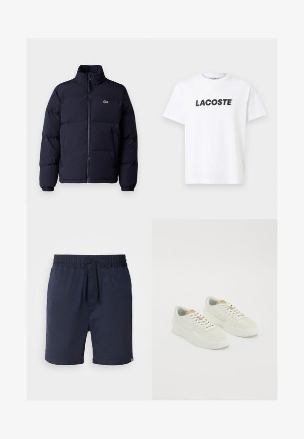 Jachetă puf navy blue cu guler înalt, închidere cu fermoar și manșete elastice. Prezintă un mic logo verde pe partea stângă a pieptului.; Tricou din bumbac alb cu un logo negru proeminent "LACOSTE" pe piept. Mâneci scurte și design cu gât rotund.; Les Deux Pantaloni scurți - dark navy; O pereche de adidași de culoare albă murdară, cu accente bej, tălpi groase și șireturi albe, pe un fundal alb simplu.