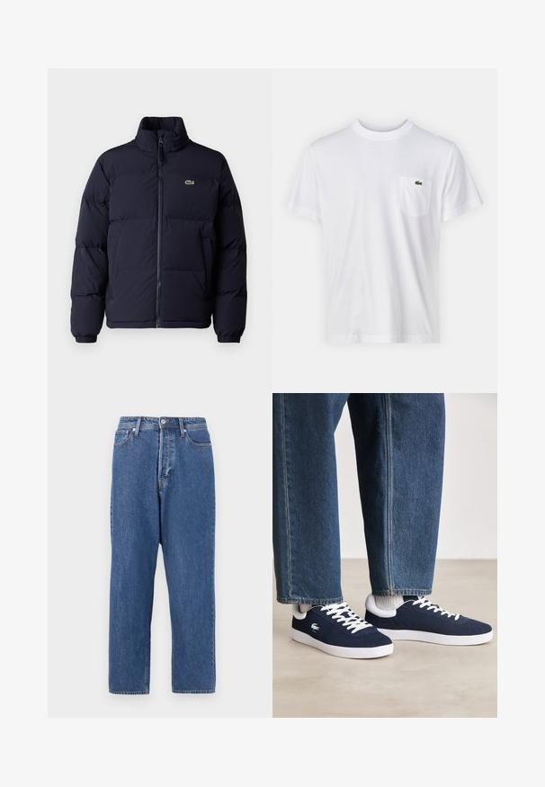 Meren värinen pumpattu takki korkealla kauluksella, vetoketjulla ja elastisilla hihansuilla. Takissa on pieni vihreä logo vasemmassa rintataskussa.; Valkoinen puuvillainen t-paita, jossa on pyöreä kaula-aukko ja lyhyet hihat. Sisältää vasemman rinnuksen taskun ja pienen vihreän Lacoste-logon.; Sininen farkkuhousut, joissa on löysä malli, viisi taskua ja etupainike. Kangas näyttää haalistuneelta pesulta, jossa on hienovarainen rakenne.; Siniset kangaskengät valkoisilla nauhoilla ja kumipohjilla, esillä farkkuhousujen ja harmaiden ribattujen sukkien kanssa, vaaleanharmaalla pinnalla.