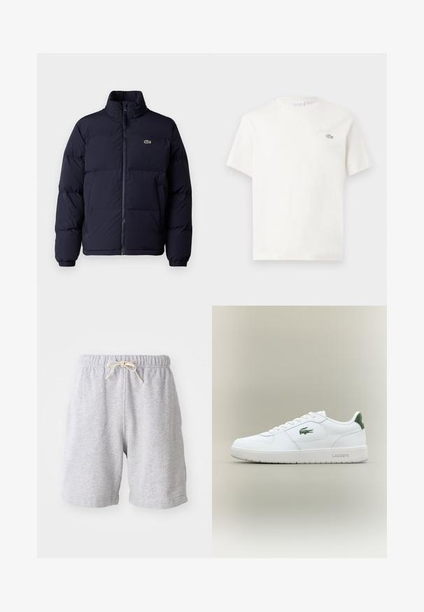 Sötétkék steppelt kabát magas gallérral, cipzáros záródással és elasztikus mandzsettákkal. A bal felső mellrészen egy kis zöld logó található.; Fehér pamut póló rövid ujjakkal, diszkrét hímzett logóval és minimalista designnal. Puha tapintású, kerek nyakkivágású.; Szürke pamut rövidnadrág rugalmas derékkal és húzózsinórral. Térd közepéig érő hosszúság, oldalsó varrásokkal és puha tapintással. Nincsenek zsebek vagy látható minták.; Fehér bőr sneaker sima felülettel, zöld akcentussal a saroknál, és zöld logóval az oldalon. Lapos talpa és kerek orra van.