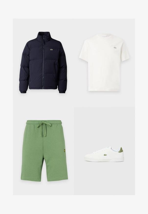 Navy blue puffer jacket with a high collar, zip closure, and elastic cuffs. Features a small green logo on the upper left chest.; White cotton t-shirt with short sleeves, featuring a subtle embroidered logo and minimalistic design. Soft texture, crew neckline.; Green cotton shorts with an elastic waistband and adjustable drawstring. Features a small yellow embroidered logo on the left side.; White sneakers with a smooth texture, featuring a green accent at the heel and a small embroidered crocodile logo on the side.