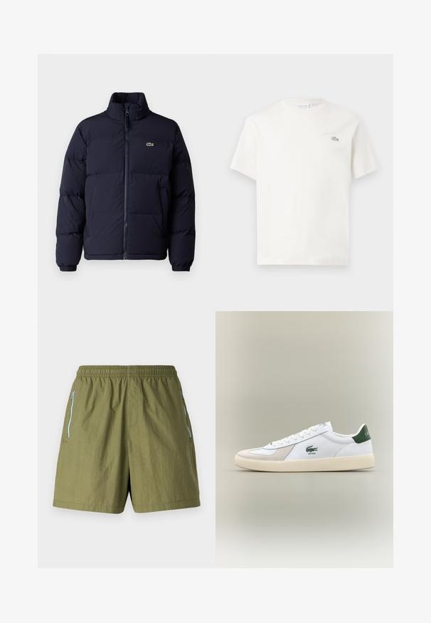 Tamsiai mėlynas pūkinis švarkas su aukštu kaklu, užtrauktuku ir elastingomis rankogaliais. Dominuoja mažas žalias logotipas kairiajame viršutiniame krūtinės kampelyje.; Balta medvilninė marškinėliai trumpomis rankovėmis, su subtiliu išsiuvinėtu logotipu ir minimalistišku dizainu. Minkšta tekstūra, apvalus kaklas.; Alyvuogių spalvos šortai su elastingu juosmeniu, šoninėmis užtrauktuko kišenėmis ir lengvu, tekstūriniu audiniu.; Baltos sportbačiai su žaliais akcentais, pagaminti iš zomšos ir odos, su apvaliu nose, tekstūruotu padu ir siuvinėtu logotipu šone bei ant liežuvio.