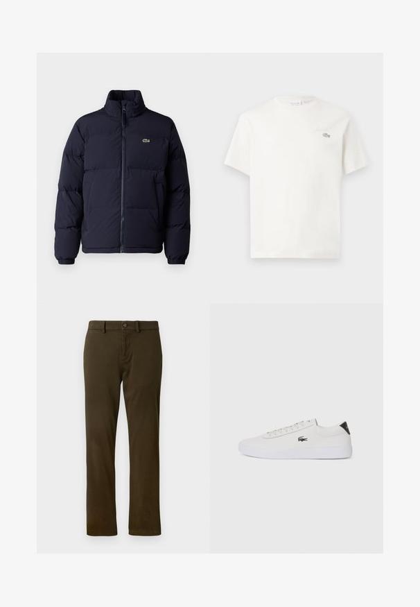 Temno modra puffer jakna z visokim ovratnikom, zadrgo in elastičnimi manšetami. Ima majhen zelen logotip na zgornjem levem prsnem delu.; Bela bombažna majica s kratkimi rokavi, ki ima subtilno vezeno logo in minimalističen dizajn. Mehka tekstura, okrogla izreza vratu.; Temnozeleni chino hlače z klasičnim krojem, z pasom za pas in sprednjim gumbom za zapiranje. Gladka, teksturirana tkanina s ravnimi hlačnicami.; Bela usnjena tenisa s okroglo sapo, vezavi na sprednji strani in črnim poudarkom na peti. Ima majhen izšit kroko logo na strani.