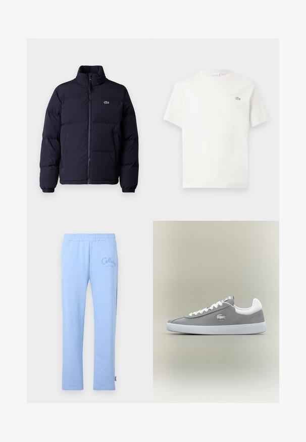 Temno modra puffer jakna z visokim ovratnikom, zadrgo in elastičnimi manšetami. Ima majhen zelen logotip na zgornjem levem prsnem delu.; Bela bombažna majica s kratkimi rokavi, ki ima subtilno vezeno logo in minimalističen dizajn. Mehka tekstura, okrogla izreza vratu.; Svetlo modri bombažni trenirki z elastičnim pasom. Ima izvezen logo "Colucci" na levi strani in raven kroj nogavic.; Sivi nubuk športni copat z belim gumijastim podplatom, vezanje na vezalke in izvezena logotip na strani. Minimalističen dizajn s klasično silhueto.