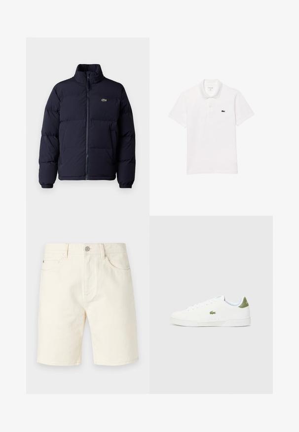 Navyblauwe pufferjack met een hoge kraag, ritssluiting en elastische manchetten. Heeft een klein groen logo op de linker bovenborst.; Witte polo shirt van katoen, met een standaard kraag, korte mouwen en een klein marineblauw logo op de linkerkant van de borst.; Lichtbeige denim shorts met een klassieke snit, voorzien van vo pockets, riemlussen en een knoopsluiting. Glad textuur met een effen kleur.; Witte sneakers met een gladde textuur, voorzien van een groene accent bij de hiel en een klein geborduurd krokodillenlogo aan de zijkant.