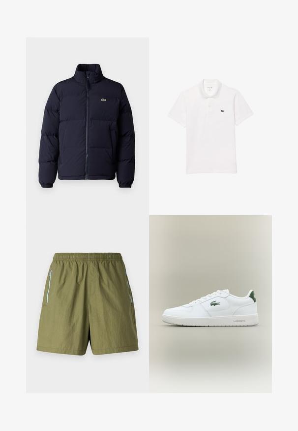 Meren värinen pumpattu takki korkealla kauluksella, vetoketjulla ja elastisilla hihansuilla. Takissa on pieni vihreä logo vasemmassa rintataskussa.; Valkoinen puuvillapaita, jossa on tavallinen kaulus, lyhyet hihat ja pieni laivastonsininen logo vasemmassa rinnassa.; Oliivivihreät shortsit, joissa on joustava vyötärö, sivuvetoketjulliset taskut ja kevyestä, teksturoidusta kankaasta valmistettu materiaali.; Valkoinen nahkakenkä sileällä pinnalla, vihreät yksityiskohdat kantapäässä ja vihreä logo sivussa. Varustettu tasaisella pohjalla ja pyöreällä kärjellä.