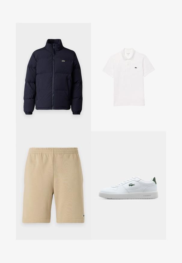 Abrigo puffer azul marino con cuello alto, cierre de cremallera y puños elásticos. Presenta un pequeño logo verde en la parte superior izquierda del pecho.; Camisa polo blanca de algodón, con un cuello estándar, mangas cortas y un pequeño logo en azul marino en el lado izquierdo del pecho.; Pantalones cortos de algodón beige con cintura elástica, diseño hasta la rodilla y un pequeño detalle del logo en el lado izquierdo. Textura suave y corte sencillo.; Zapatilla de cuero blanca con suela de goma, acento verde en el talón y un pequeño logo verde. Presenta paneles laterales texturizados y cordones redondos.