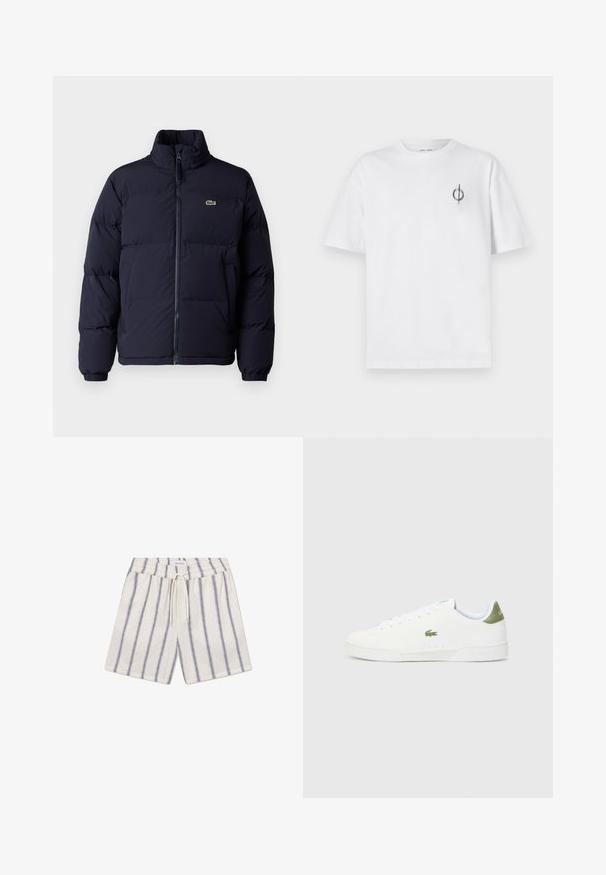 Tamnoplavi zimski kaput sa visokim ovratnikom, zatvaranjem na zip i elastičnim manžetama. Ima mali zeleni logo na gornjem lijevom dijelu prsiju.; Bijela pamučna majica s opuštenim krojem, s malim crnim grafičkim logotipom na lijevoj prečki. Kratki rukavi, okrugli izrez.; Pamučne kratke hlače u krem boji s mornarskoplavim okomitim prugama. Imaju elastični pojas i dršku za prilagodljivo stajanje.; Bijele tenisice s glatkom teksturom, s zelenim akcentom na peti i malim izvezenim logotipom krokodila sa strane.