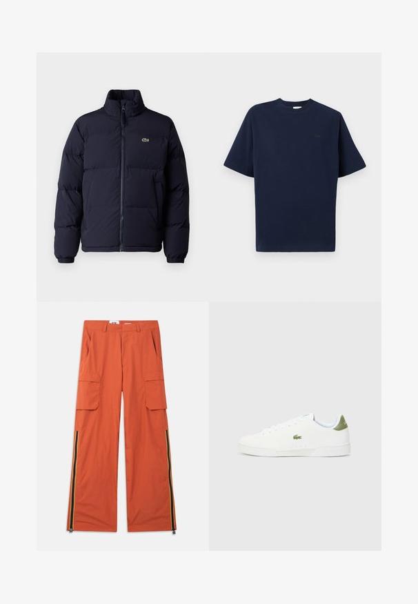 Navy blue puffer jacket with a high collar, zip closure, and elastic cuffs. Features a small green logo on the upper left chest.; Navy blue cotton T-shirt with short sleeves, round neck, and a small black logo on the left chest. Soft texture, straight cut design.; Orange cargo pants with two side pockets and a wide leg design. Features vertical stripes in blue, yellow, and red along the seams.; White sneakers with a smooth texture, featuring a green accent at the heel and a small embroidered crocodile logo on the side.
