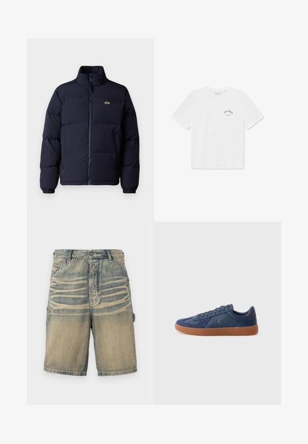 Sötétkék steppelt kabát magas gallérral, cipzáros záródással és elasztikus mandzsettákkal. A bal felső mellrészen egy kis zöld logó található.; Fehér pamut póló rövid ujjakkal, kerek nyakkal, az elülső részén fekete logóval, amely a "LES DEUX ESTO 2011" feliratot tartalmazza.; Farmer nadrág rövidnadrág koptatott kék és bézs árnyalattal. Két oldalsó zsebbel, gombos záródással és varrott díszítéssel rendelkezik.; Tengerészeti kék sneaker bőrből és hasított bőrből készült, gumitalppal, kerek orral és fűzős záródással, az oldalon márkázási részlettel.