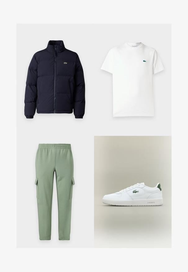 Mörkblå puffjacka med hög krage, dragkedjestängning och elastiska ärmmuddar. Har en liten grön logotyp på övre vänstra bröstet.; Vit bomullströja med rundad hals, korta ärmar och en liten grön broderad krokodil-logotyp på vänster bröst.; Ljusgröna sweatpants med elastisk midja, smalnande ben och två sidofickor. Tillverkade av mjukt, andningsbart material.; Vita lädersneaker med en slät yta, gröna detaljer på hälen och en grön logotyp på sidan. Har en platt sula och rund tå.