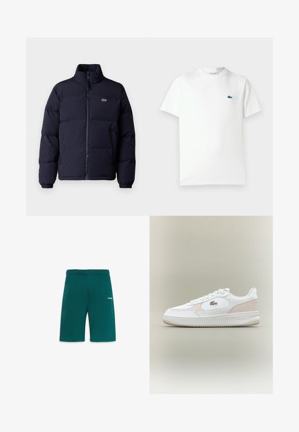 Doudoune bleu marine avec col haut, fermeture éclair et poignets élastiques. Présente un petit logo vert sur le haut du côté gauche de la poitrine.; T-shirt en coton blanc avec col rond, manches courtes et un petit logo de crocodile brodé en vert sur la poitrine gauche.; Shorts de sport teal avec une taille élastique, présentant une texture lisse et un petit logo blanc sur le côté droit à l'avant.; Baskets blanches avec un dessus en cuir lisse, des accents en daim et une semelle en caoutchouc. Comprend un logo embossé et un design à lacets. Esthétique minimaliste.