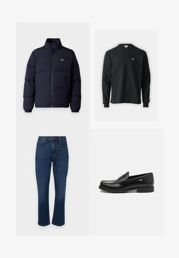 Tums zila pūkaini jaka ar augstu apkakli, ar rāvējslēdzēju un elastīgām piedurknēm. Pieder neliela zaļa logo augšējā kreisajā krūtīs.; Melna garām piedurknēm t-krekls, izgatavots no kokvilnas, ar apaļu kakla izgriezumu un mazu zaļu izšūtu krokodila logo kreisajā krūtī.; Tumši zila džinsa bikses ar taisnu kāju griezumu, piecām kabatām, smalku šuvju detaļām un priekšējo pogu aizdari.; Melnas ādas loafers ar noapaļotu purngalu, ar šuvēm un mazu logotipa akcentu sānos. Izturīga gumijas zole ar saķeri.