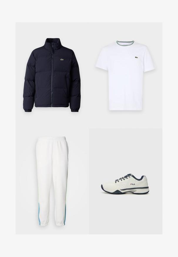Ναυτικό μπλε μπουφάν με επένδυση, ψηλό γιακά, κλείσιμο με φερμουάρ και ελαστικούς μανσέτες. Διαθέτει μικρό πράσινο λογότυπο στην επάνω αριστερή πλευρά του στήθους.; Λευκό κοντομάνικο μπλουζάκι φτιαγμένο από βαμβάκι με rib κολάρο που διαθέτει πράσινες και μαύρες ρίγες; μικρό πράσινο κεντητό λογότυπο στην αριστερή πλευρά του στήθους.; Λευκά φούτερ παντελόνια με ελαστική μέση, χαρακτηριστικά πράσινων και μπλε λωρίδων στο πλάι. Μαλακό ύφασμα με σχεδίαση που στενεύει στους αστραγάλους.; Λευκά αθλητικά παπούτσια με υφή στο άνω μέρος, ναυτικές λεπτομέρειες και κορδόνια. Διαθέτουν ανθεκτική σόλα με σχέδια πρόσφυσης και έντονο λογότυπο.
