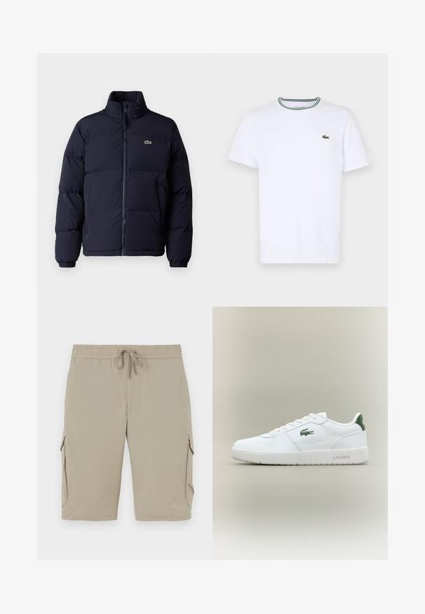 Casaco puffer azul-marinho com um colarinho alto, fecho de zíper e punhos elásticos. Apresenta um pequeno logótipo verde no lado superior esquerdo do peito.; T-shirt branco de algodão de mangas curtas com colarinho canelado, apresentando riscas verdes e pretas; pequeno logotipo verde bordado no lado esquerdo do peito.; Bermuda bege com cintura elástica e cordão. Apresenta bolsos laterais e um tecido liso e leve.; Sapatilha de couro branca com um acabamento suave, detalhes verdes no calcanhar e um logótipo verde na lateral. Apresenta sola plana e bico redondo.