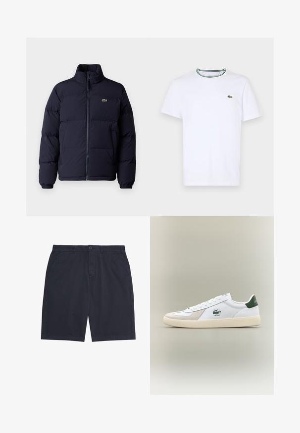 Doudoune bleu marine avec col haut, fermeture éclair et poignets élastiques. Présente un petit logo vert sur le haut du côté gauche de la poitrine.; T-shirt en coton blanc à manches courtes avec un col côtelé présentant des rayures vertes et noires ; petit logo vert brodé sur la poitrine gauche.; Shorts décontractés pour hommes de couleur bleu marine, avec fermeture à bouton, passants pour ceinture et poches latérales, posés à plat sur un fond blanc.; Baskets blanches avec accents verts, en matériaux en daim et en cuir, à bout rond, semelle texturée et logo brodé sur le côté et la languette.