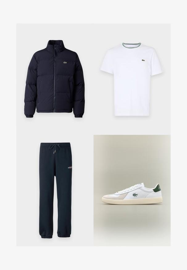 Tamsiai mėlynas pūkinis švarkas su aukštu kaklu, užtrauktuku ir elastingomis rankogaliais. Dominuoja mažas žalias logotipas kairiajame viršutiniame krūtinės kampelyje.; Balta medvilninė trumpo rankovės marškinėliai su įsiūtu apykakle, dekoruota žaliais ir juodais dryžiais; mažas žalias siuvinėtas logotipas kairėje krūtinės pusėje.; Tamsūs treninginiai šortai, pagaminti iš minkštos medvilnės mišinio, su elastingu juosmeniu ir raišteliu, bei siaurėjančiais rankovėmis; mažas logotipas ant šlaunies.; Baltos sportbačiai su žaliais akcentais, pagaminti iš zomšos ir odos, su apvaliu nose, tekstūruotu padu ir siuvinėtu logotipu šone bei ant liežuvio.