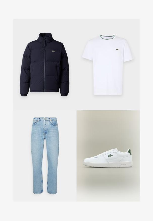 Casaco puffer azul-marinho com um colarinho alto, fecho de zíper e punhos elásticos. Apresenta um pequeno logótipo verde no lado superior esquerdo do peito.; T-shirt branco de algodão de mangas curtas com colarinho canelado, apresentando riscas verdes e pretas; pequeno logotipo verde bordado no lado esquerdo do peito.; Jeans de denim azul claro com um corte reto, cintura alta, design de cinco bolsos e detalhes de costura visíveis nas costuras e bainhas.; Sapatilha de couro branca com um acabamento suave, detalhes verdes no calcanhar e um logótipo verde na lateral. Apresenta sola plana e bico redondo.