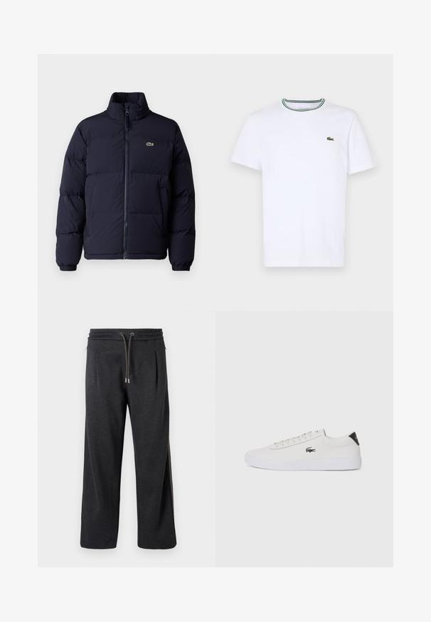 Casaco puffer azul-marinho com um colarinho alto, fecho de zíper e punhos elásticos. Apresenta um pequeno logótipo verde no lado superior esquerdo do peito.; T-shirt branco de algodão de mangas curtas com colarinho canelado, apresentando riscas verdes e pretas; pequeno logotipo verde bordado no lado esquerdo do peito.; Calças de jogging cinza-escuro com uma textura suave, cintura elástica, fecho com cordão e costuras laterais com detalhes contrastantes. Design de pernas largas.; Sapatilha de couro branco com biqueira arredondada, atacadores na frente e detalhe preto no calcanhar. Apresenta um pequeno logótipo de crocodilo bordado na lateral.